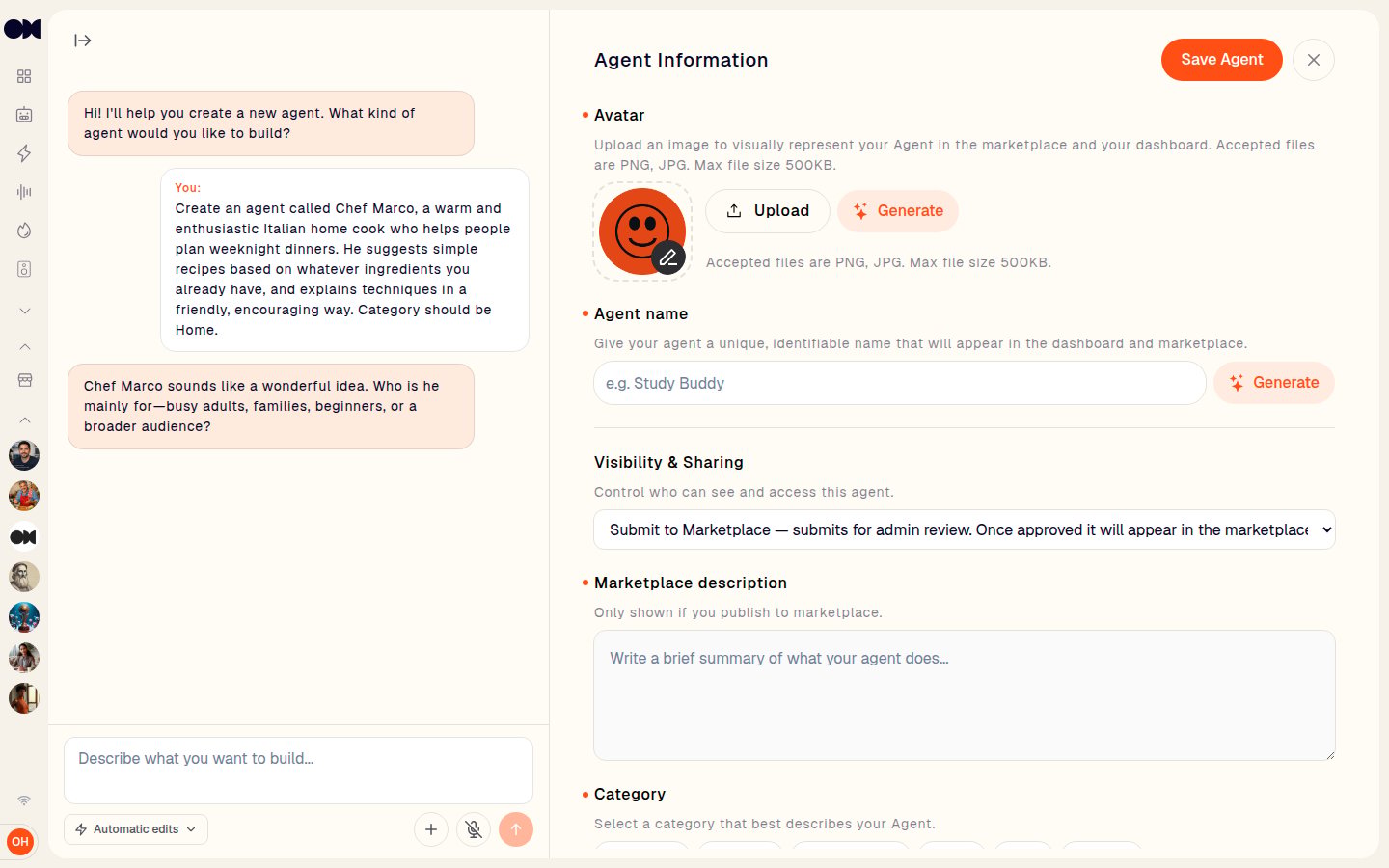 Design Agent with AI chat, with the assistant filling in the Agent name and Marketplace description