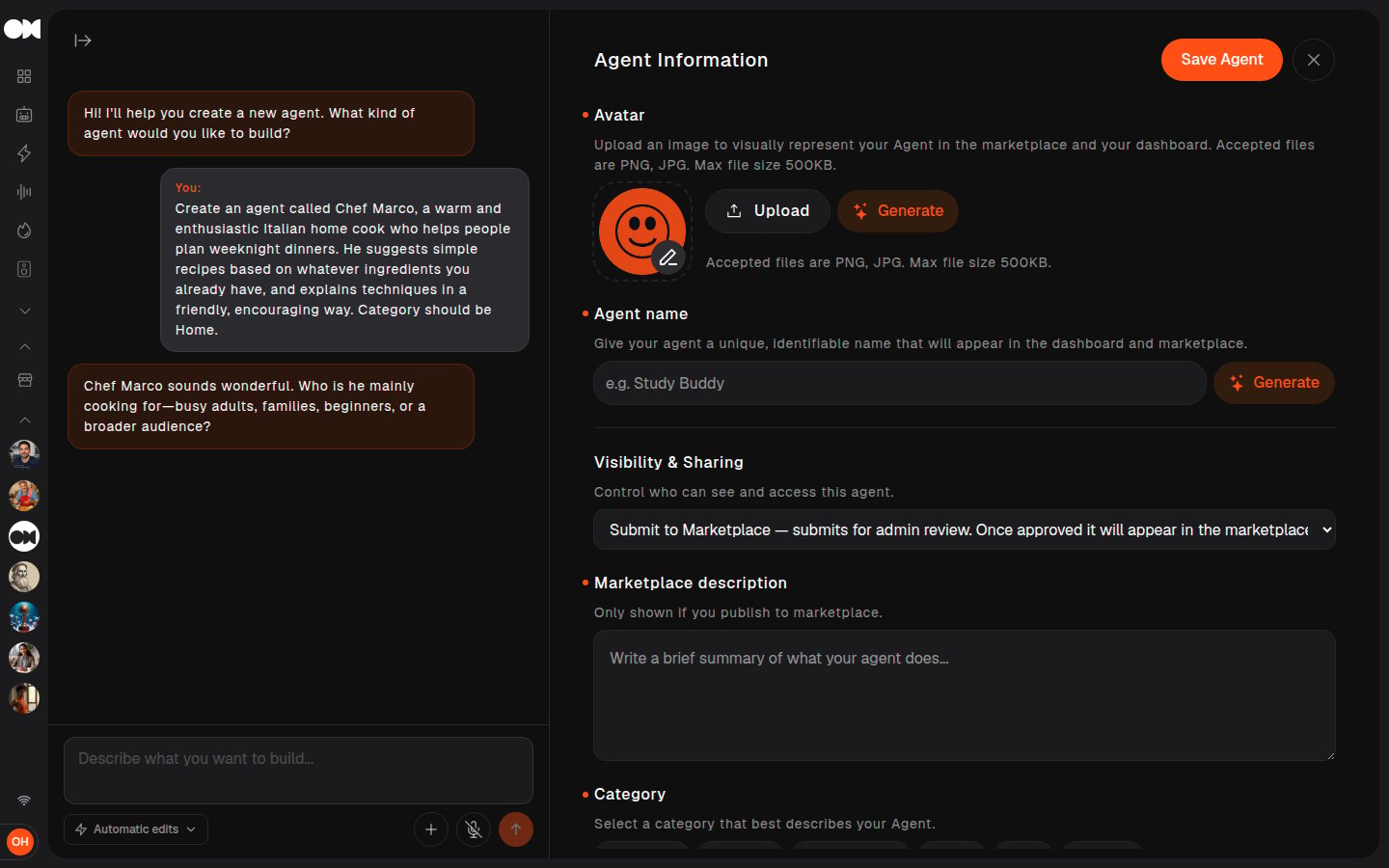 Design Agent with AI chat, with the assistant filling in the Agent name and Marketplace description
