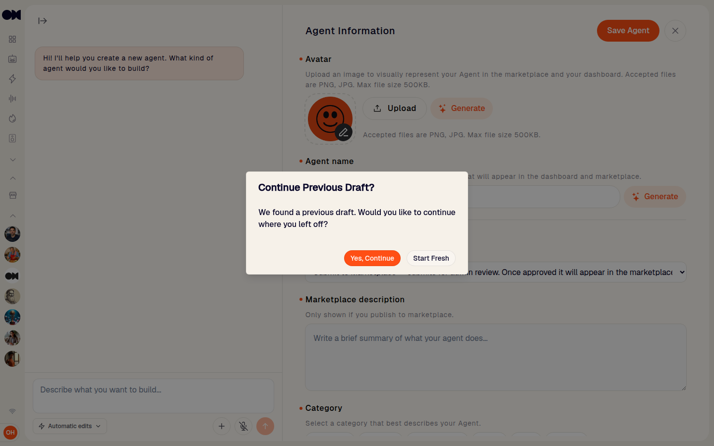 Agent workspace opened from Design Agent with AI, empty and ready for a description