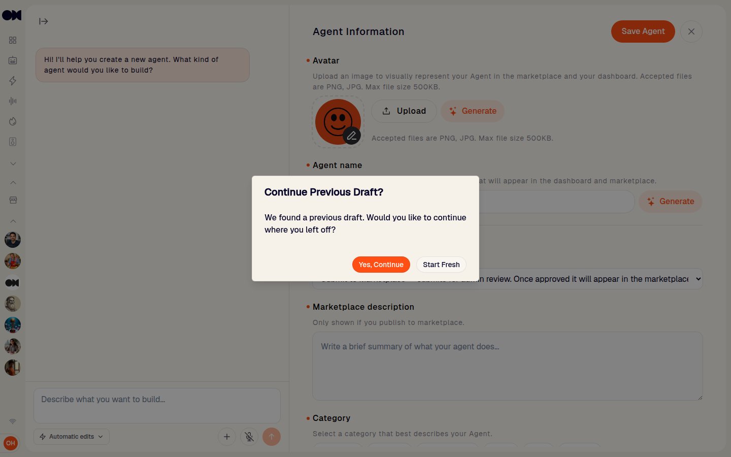 Agent workspace opened from Design Agent with AI, empty and ready for a description