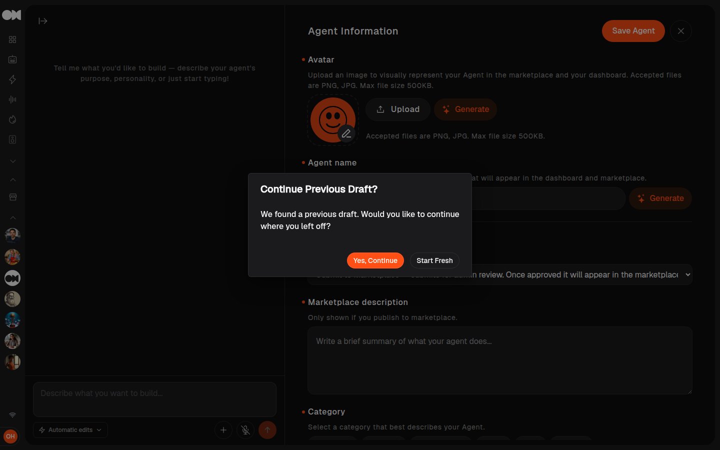 Agent workspace opened from Design Agent with AI, empty and ready for a description