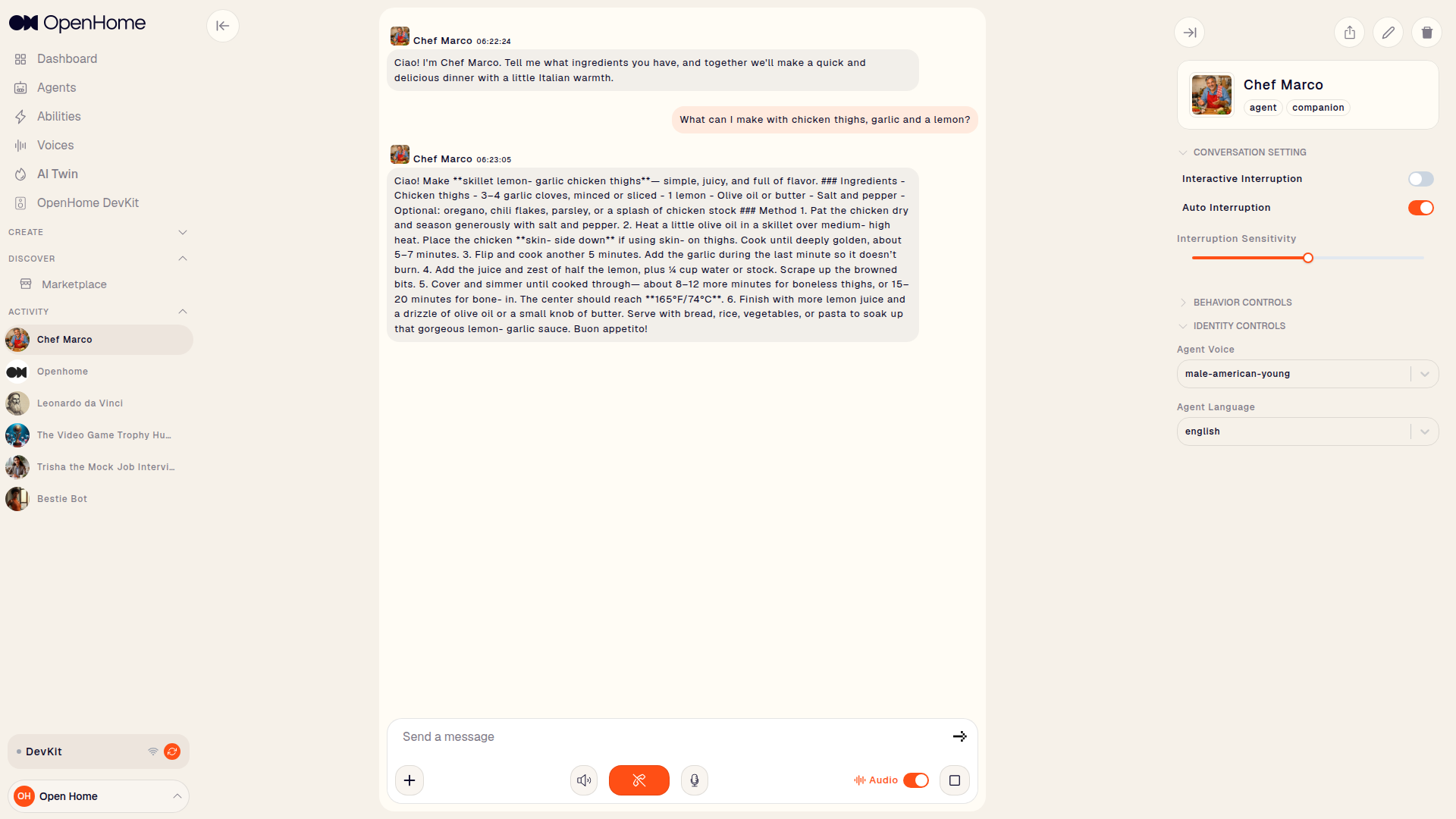 Agent conversation view with Agent Settings