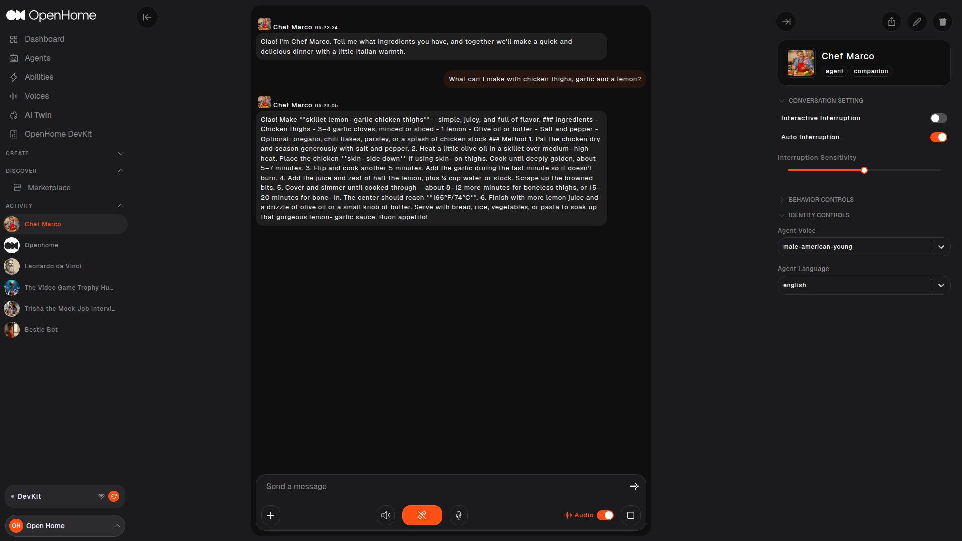Agent conversation view with Agent Settings