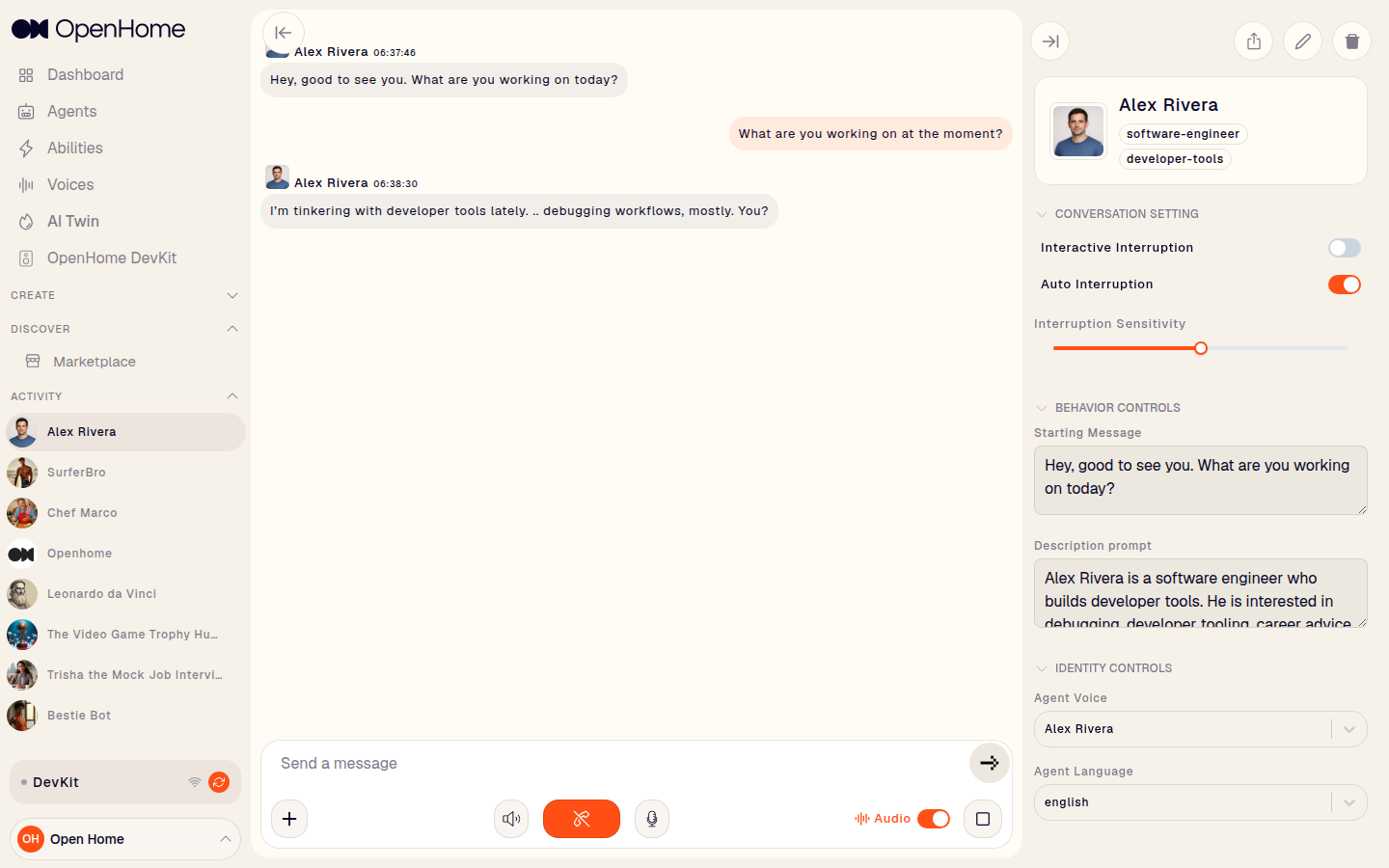 AI Twin's Behavior Controls expanded, showing its generated Starting Message and Description prompt