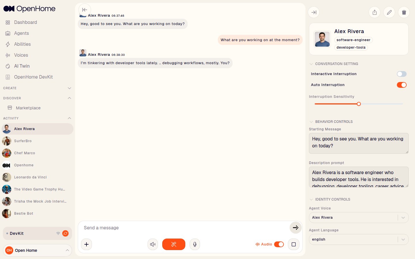 AI Twin's Behavior Controls expanded, showing its generated Starting Message and Description prompt