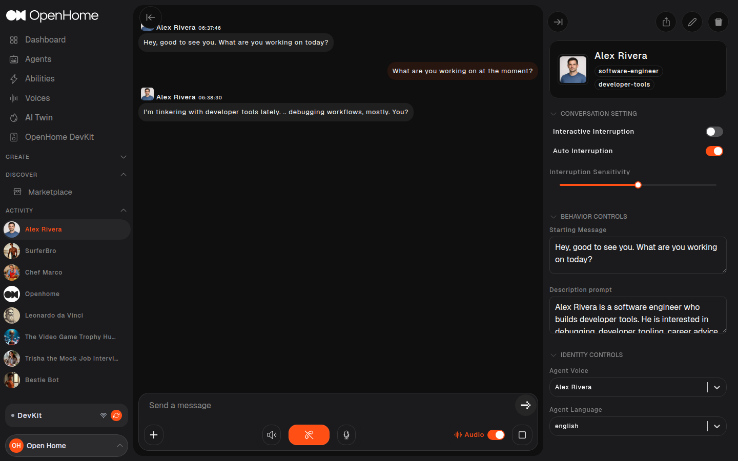 AI Twin's Behavior Controls expanded, showing its generated Starting Message and Description prompt