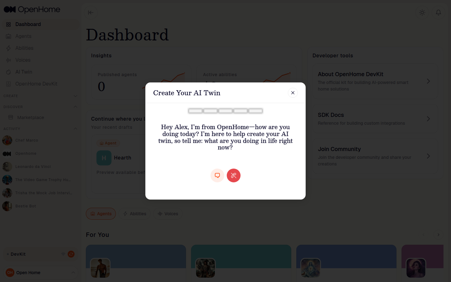 AI Twin asking its first question, with the progress bar and the voice and chat controls