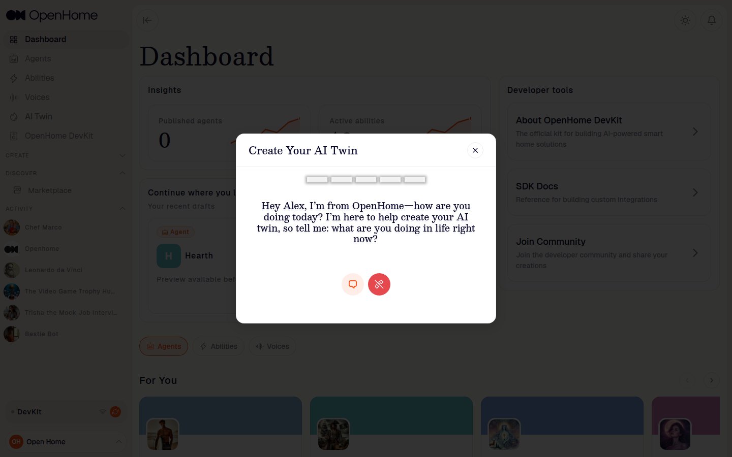 AI Twin asking its first question, with the progress bar and the voice and chat controls