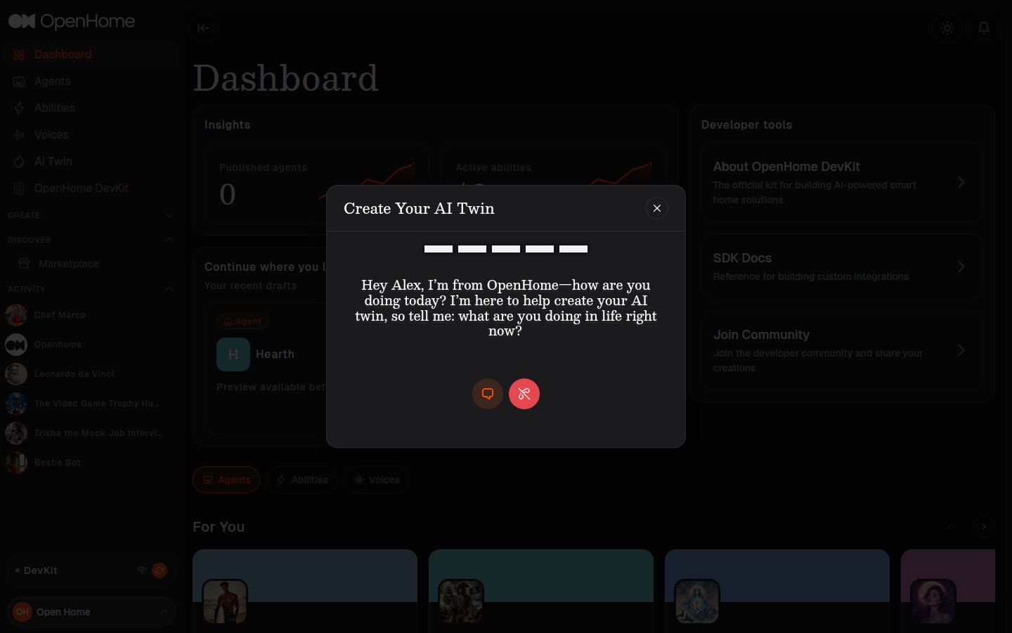 AI Twin asking its first question, with the progress bar and the voice and chat controls