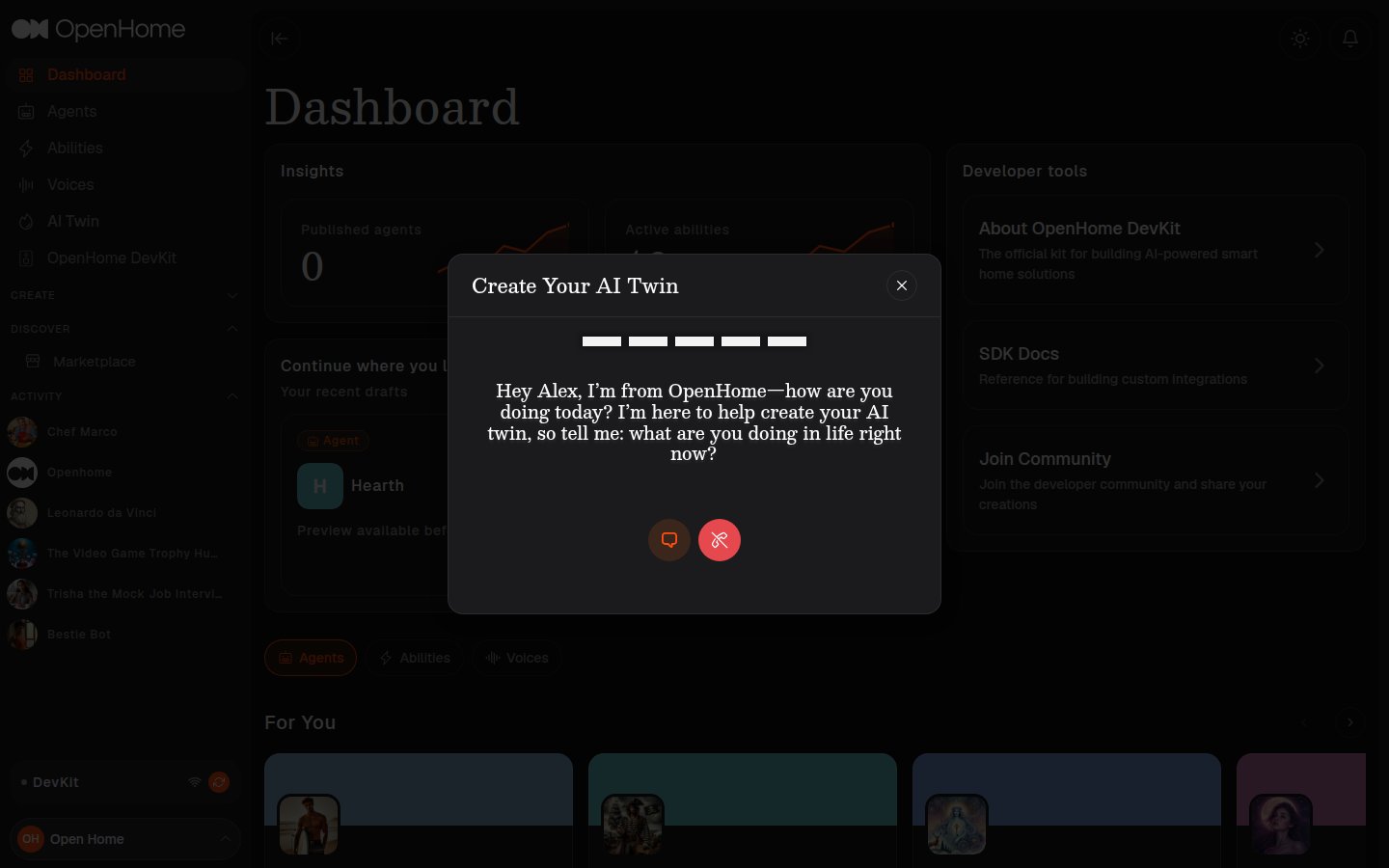 AI Twin asking its first question, with the progress bar and the voice and chat controls