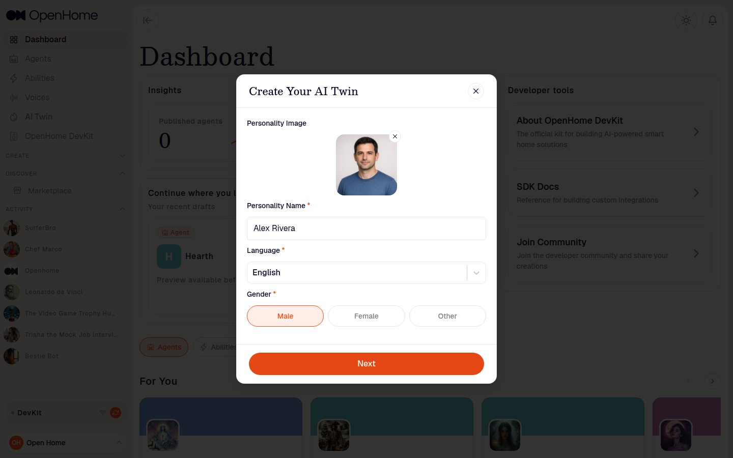 Create Your AI Twin dialog with a name and gender filled in