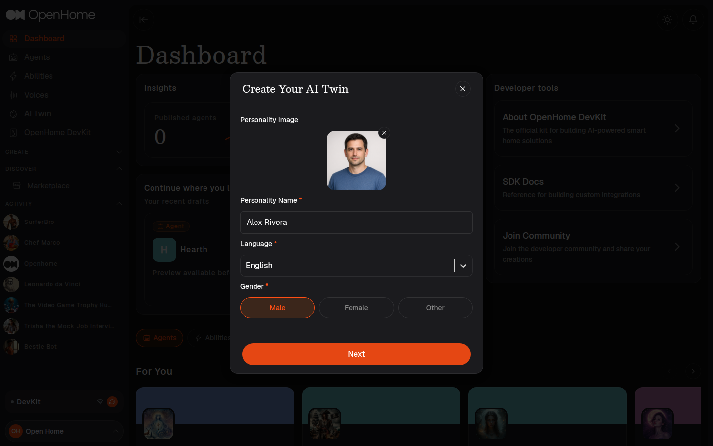 Create Your AI Twin dialog with a name and gender filled in