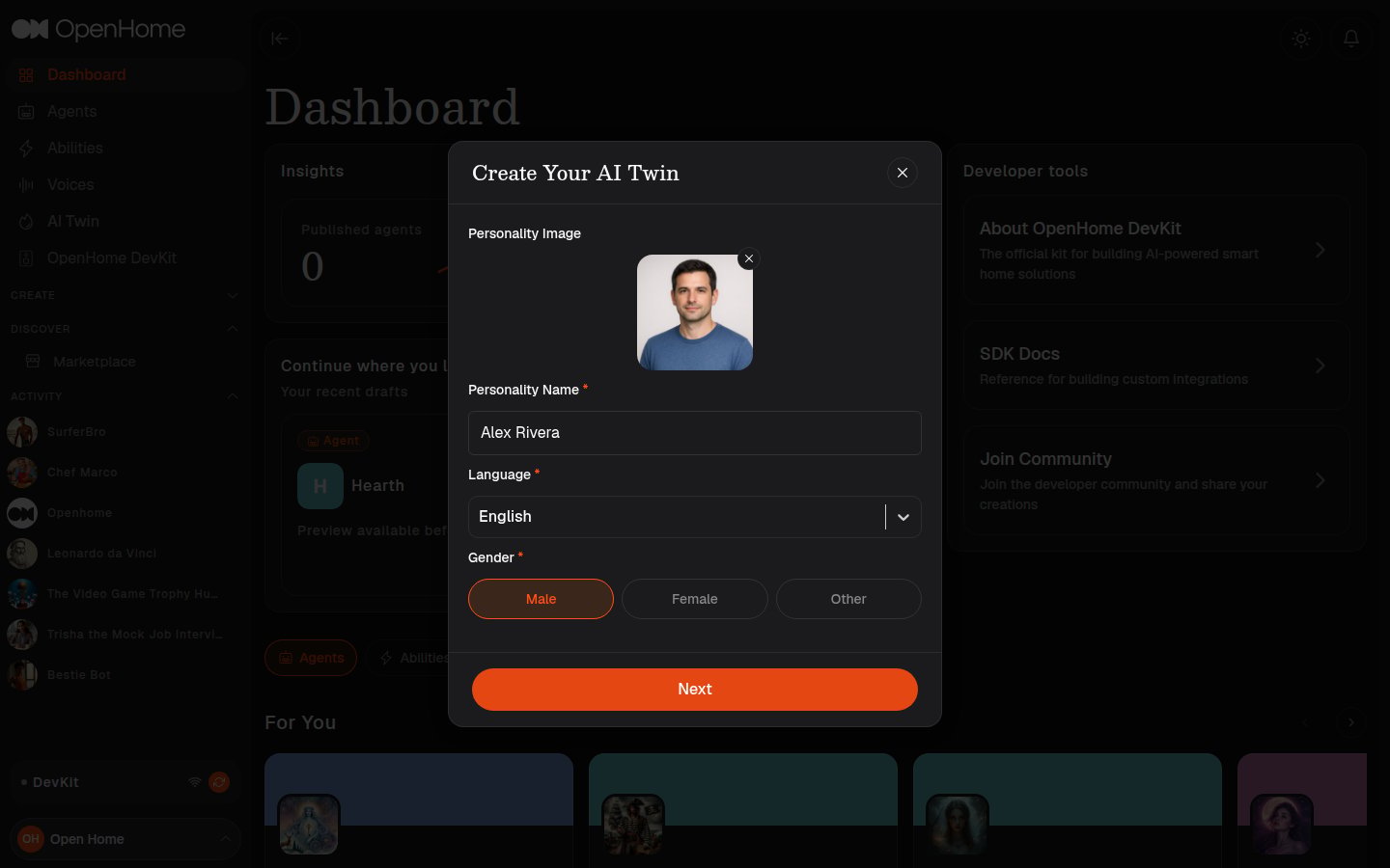 Create Your AI Twin dialog with a name and gender filled in