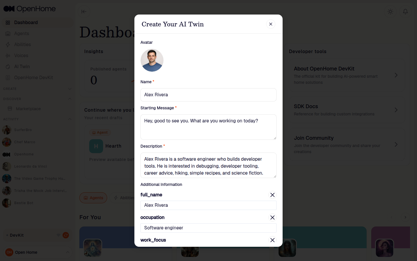AI Twin review form with generated avatar, name, starting message, and description