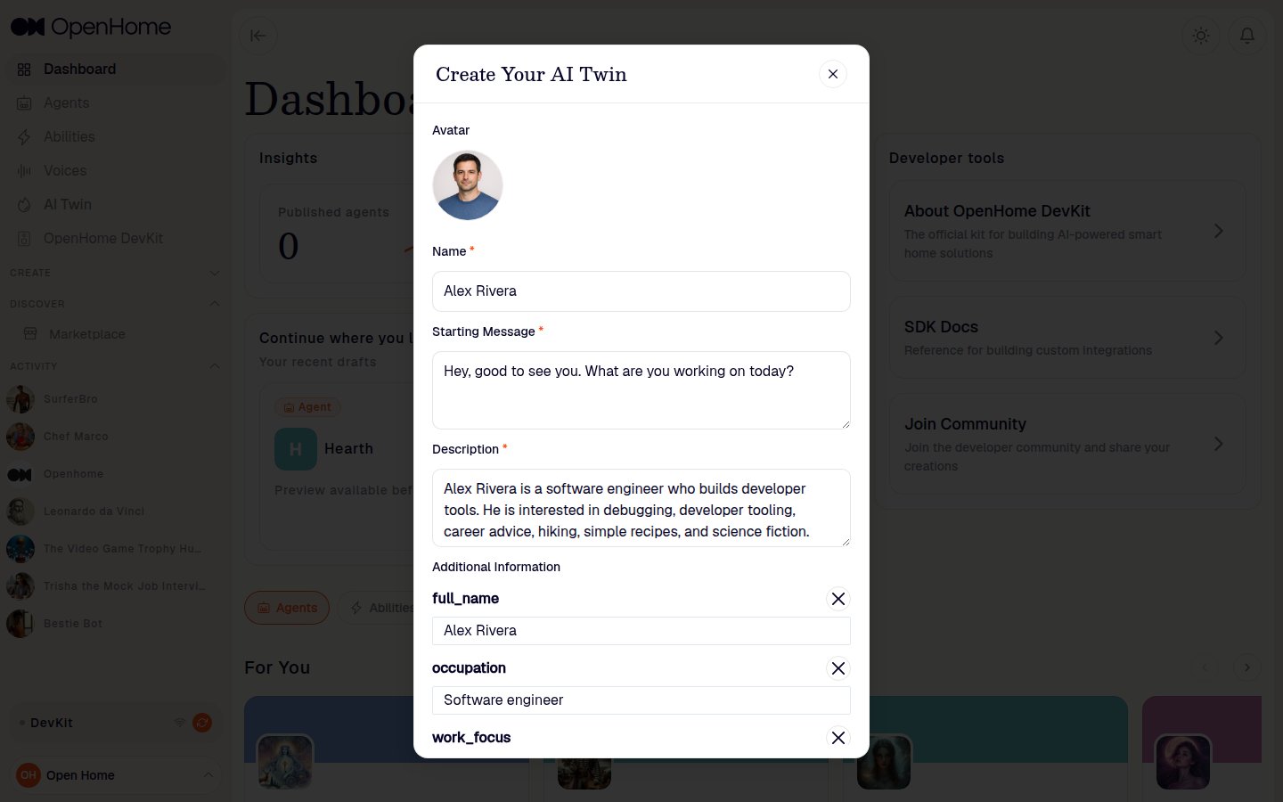 AI Twin review form with generated avatar, name, starting message, and description