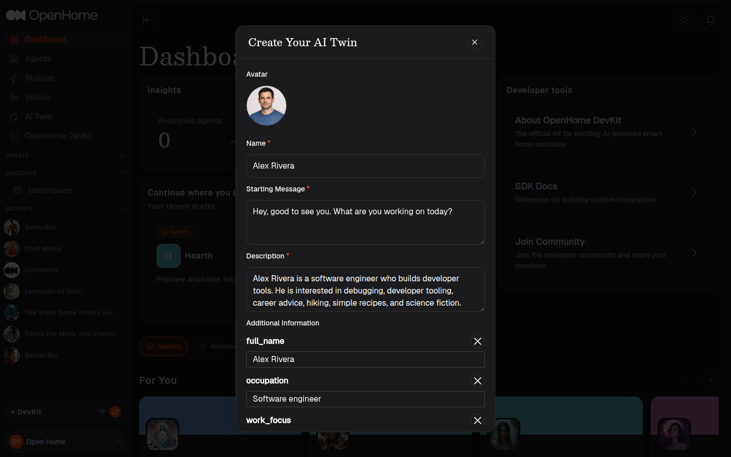 AI Twin review form with generated avatar, name, starting message, and description