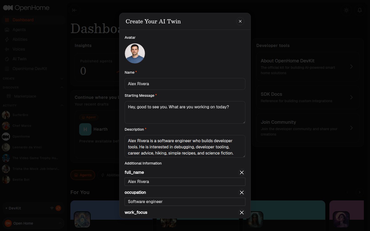 AI Twin review form with generated avatar, name, starting message, and description