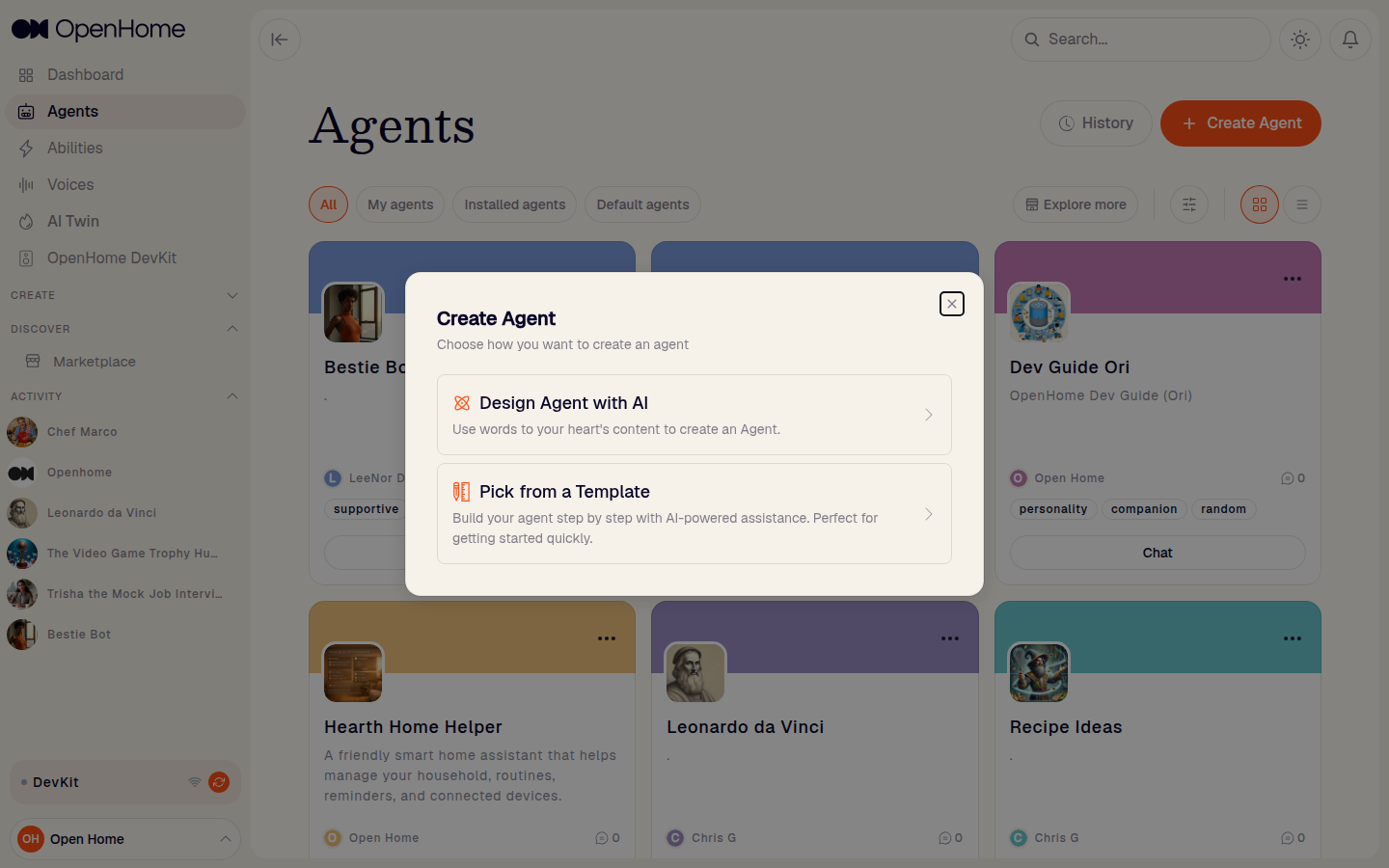 Create Agent dialog