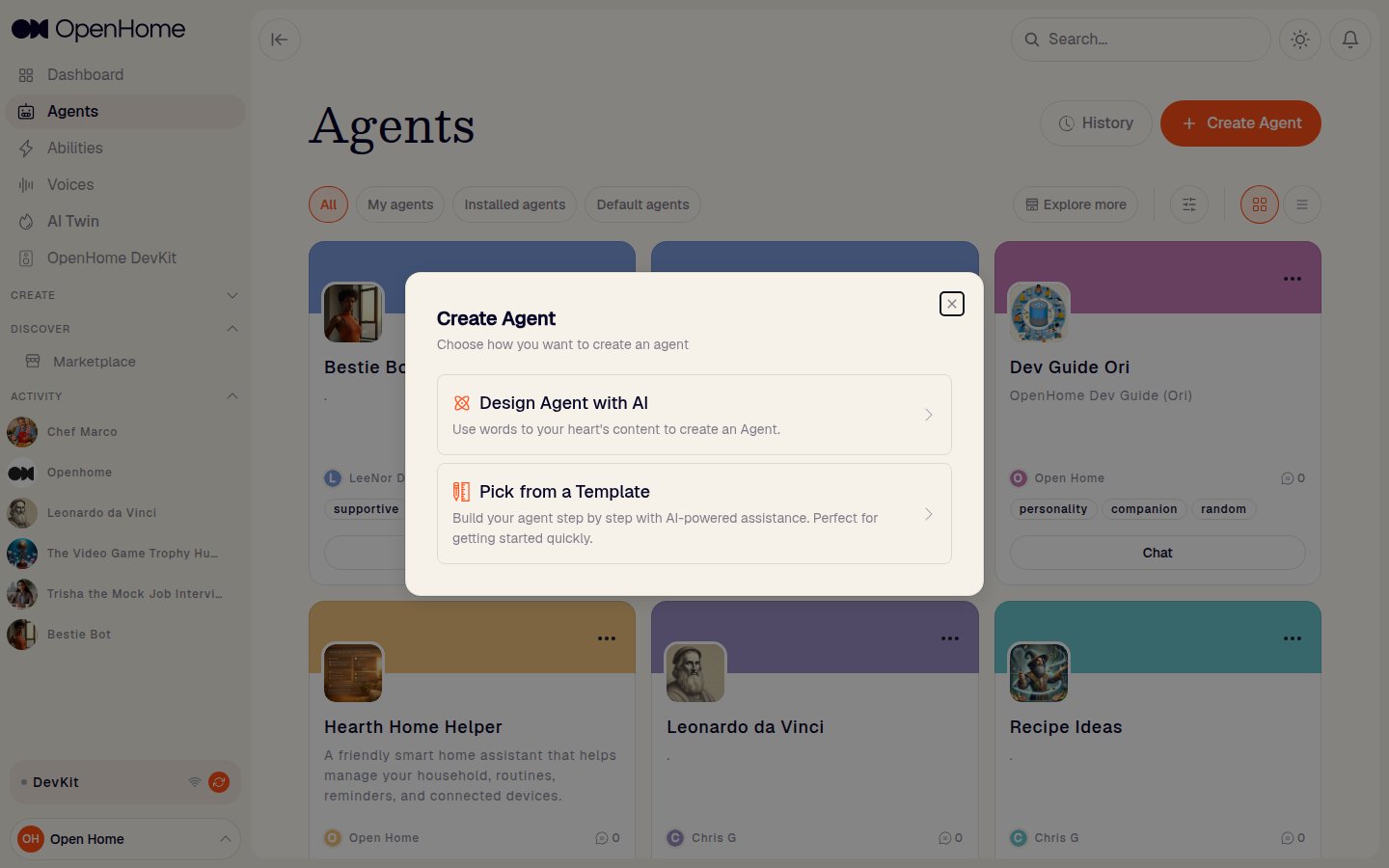 Create Agent dialog