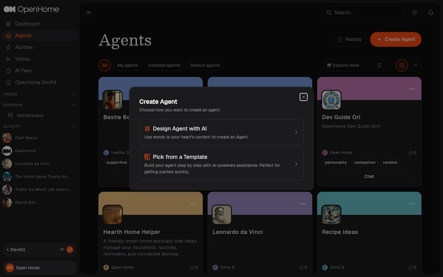 Create Agent dialog