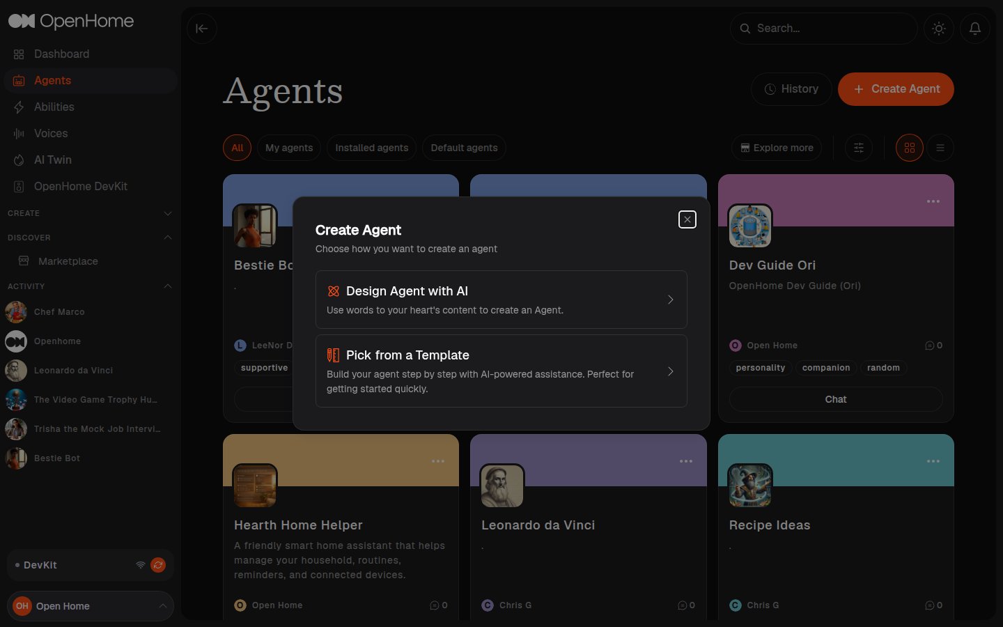 Create Agent dialog
