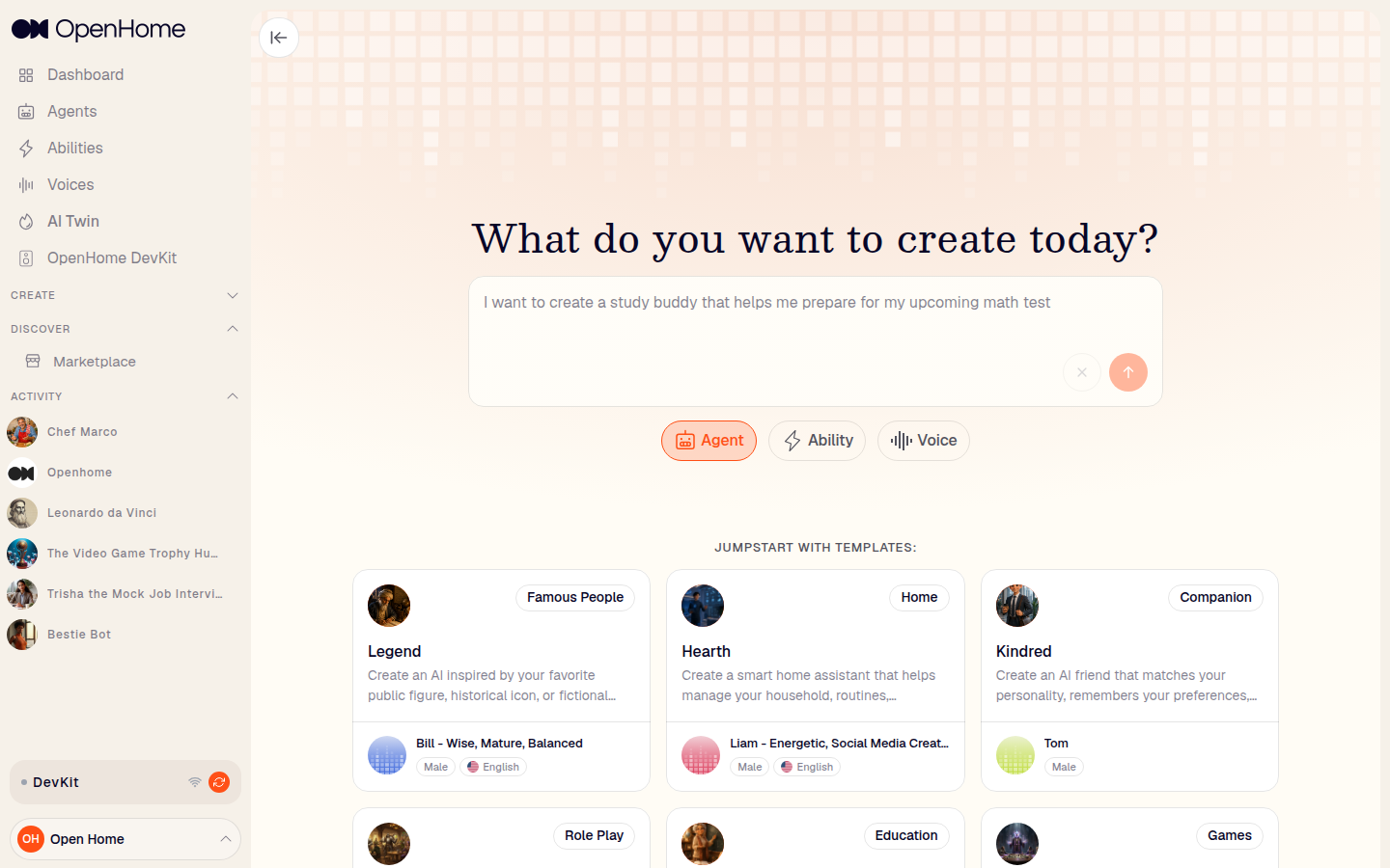 Create New page with Agent selected