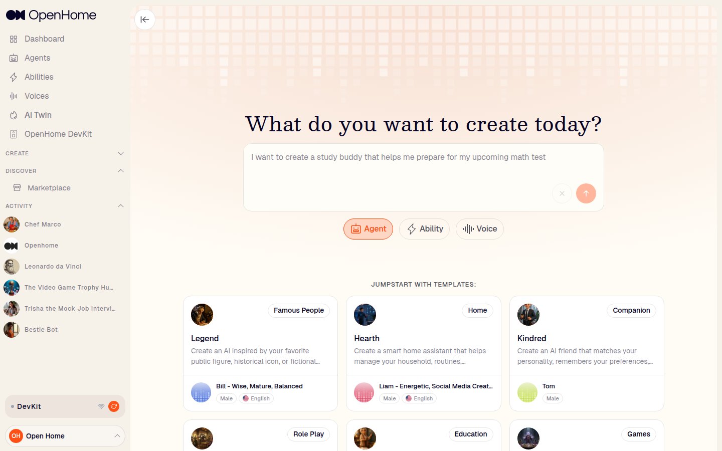 Create New page with Agent selected