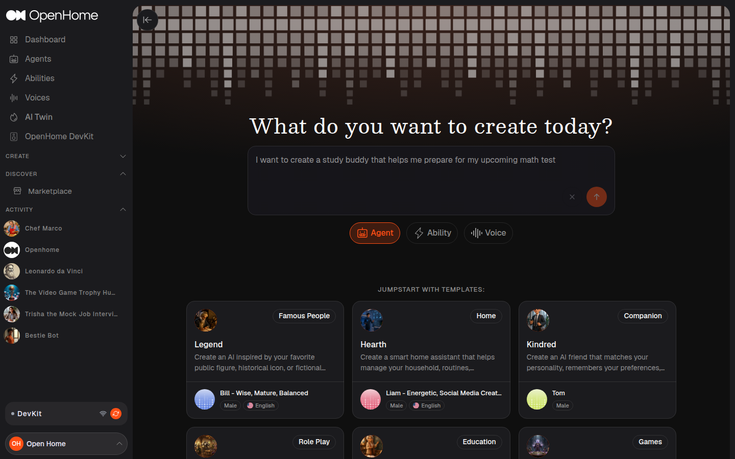 Create New page with Agent selected