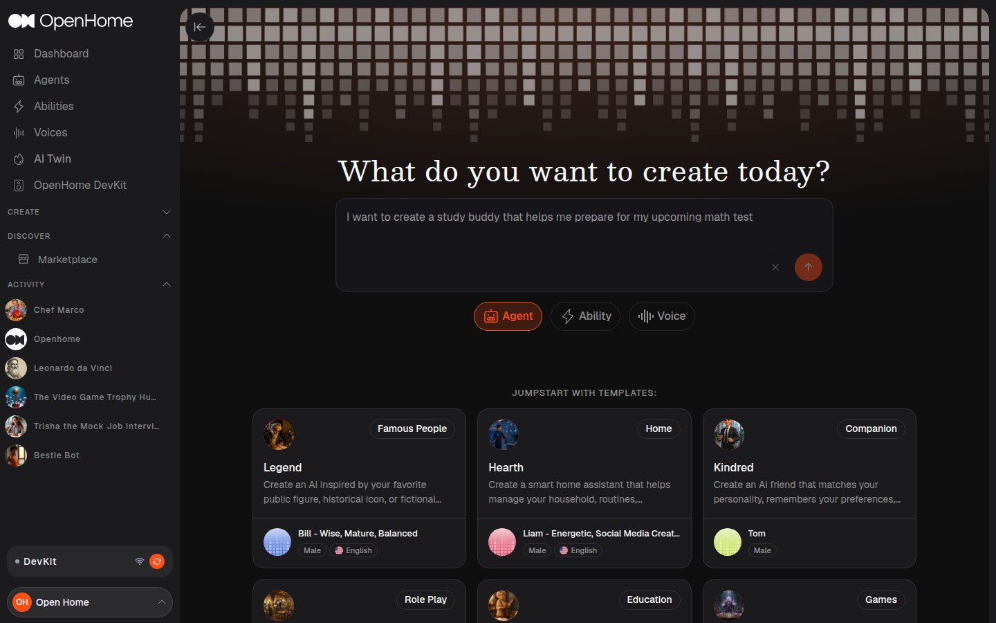 Create New page with Agent selected