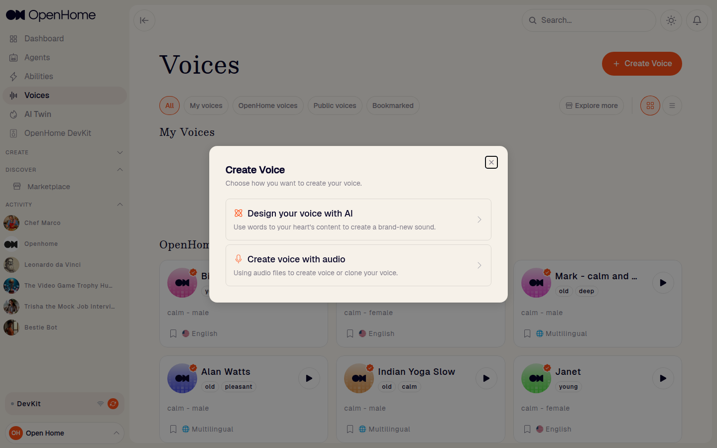 Create Voice dialog