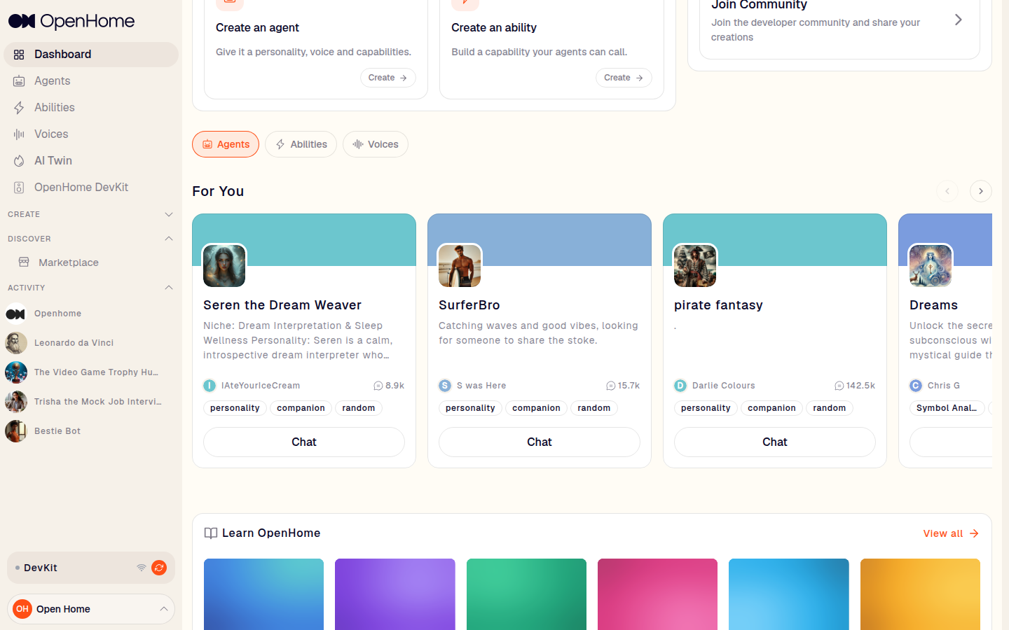 Dashboard showing Insights, Continue where you left off, and Developer tools