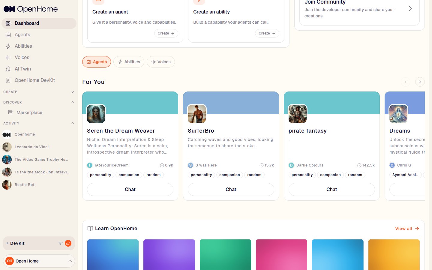 Dashboard showing Insights, Continue where you left off, and Developer tools