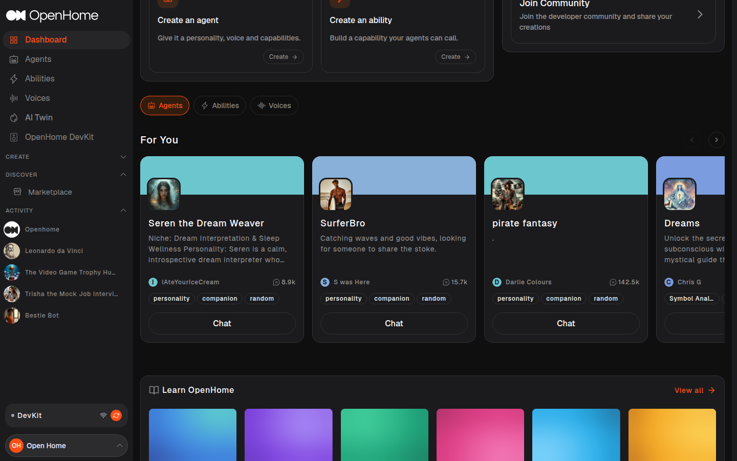Dashboard showing Insights, Continue where you left off, and Developer tools