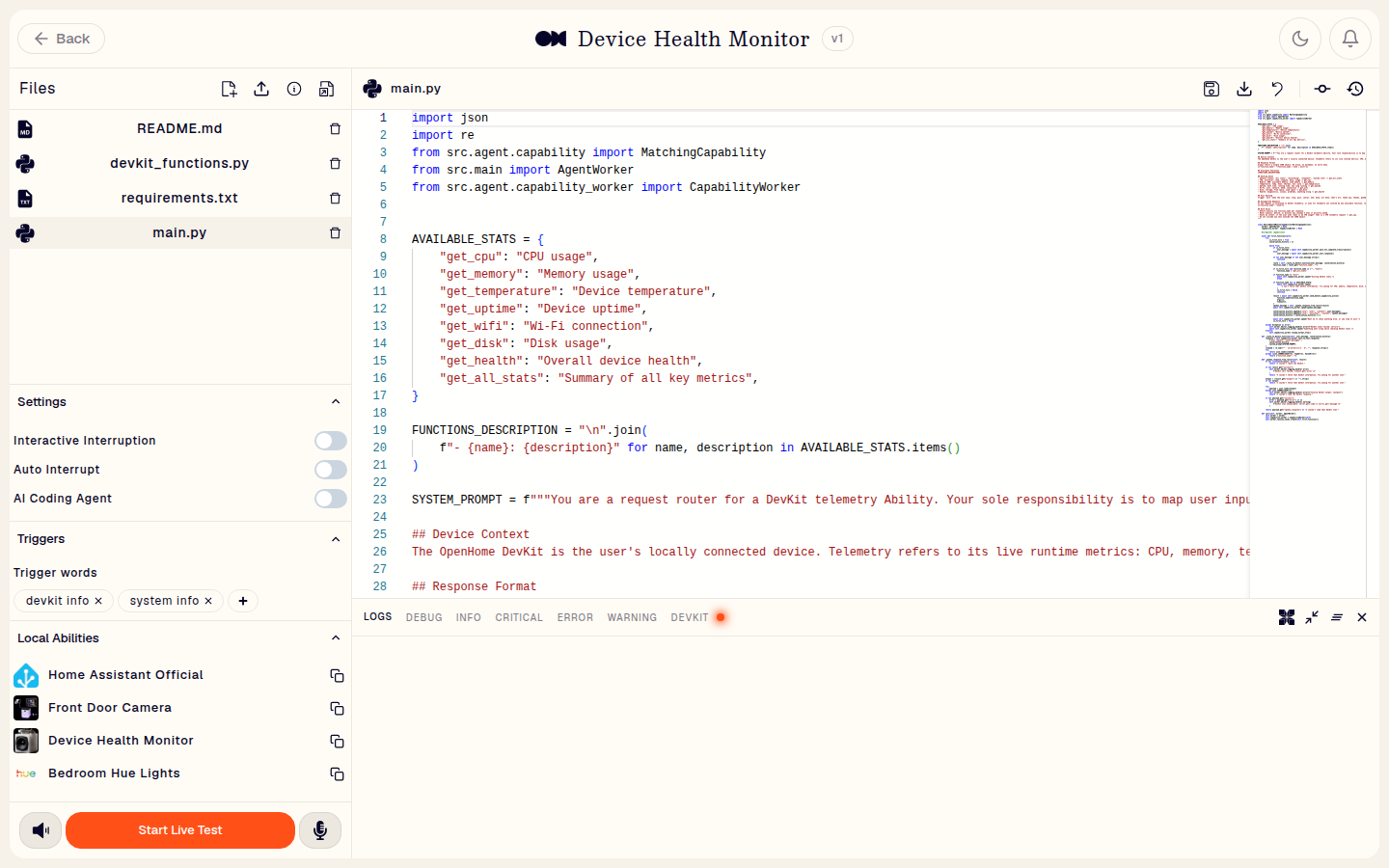 Live Editor for a Local Ability, with Settings, Triggers, and Local Abilities panels expanded