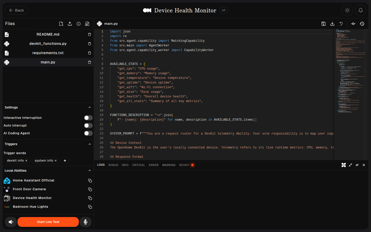 Live Editor for a Local Ability, with Settings, Triggers, and Local Abilities panels expanded