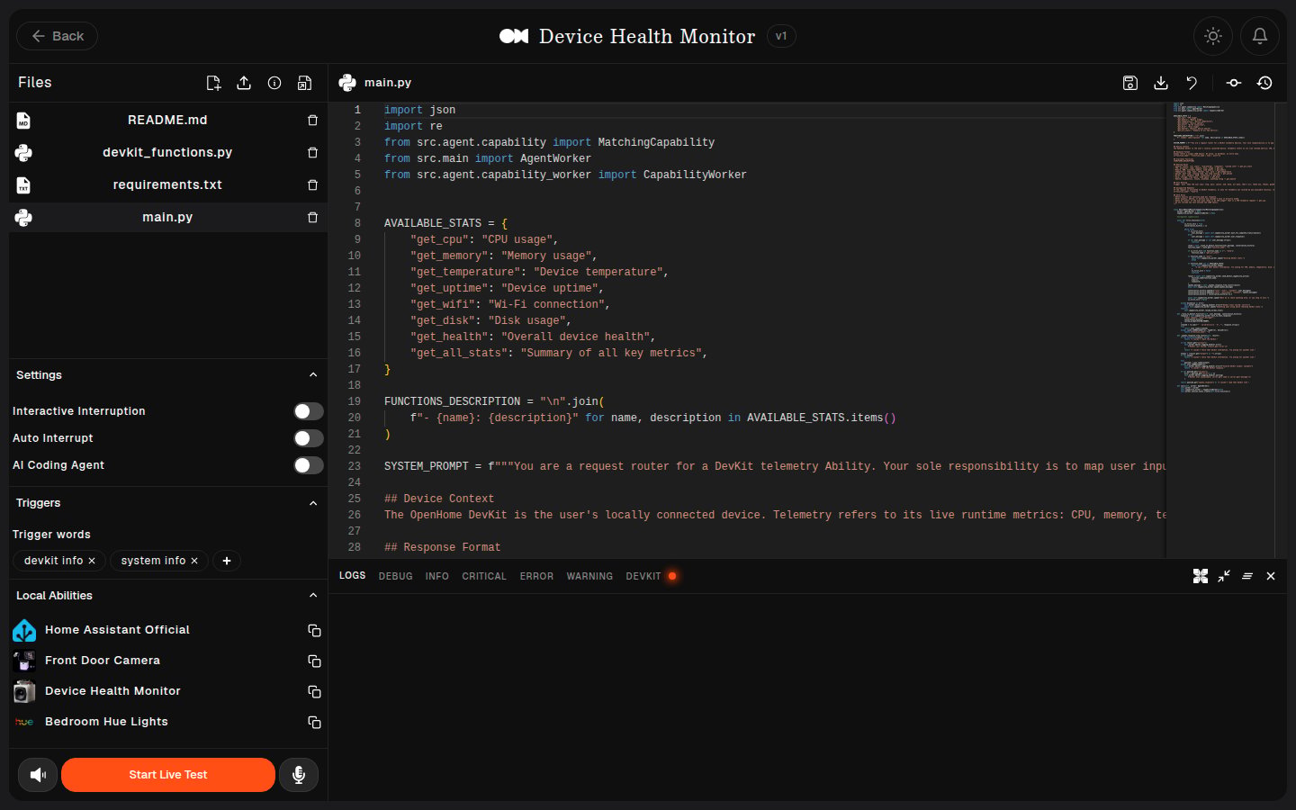 Live Editor for a Local Ability, with Settings, Triggers, and Local Abilities panels expanded
