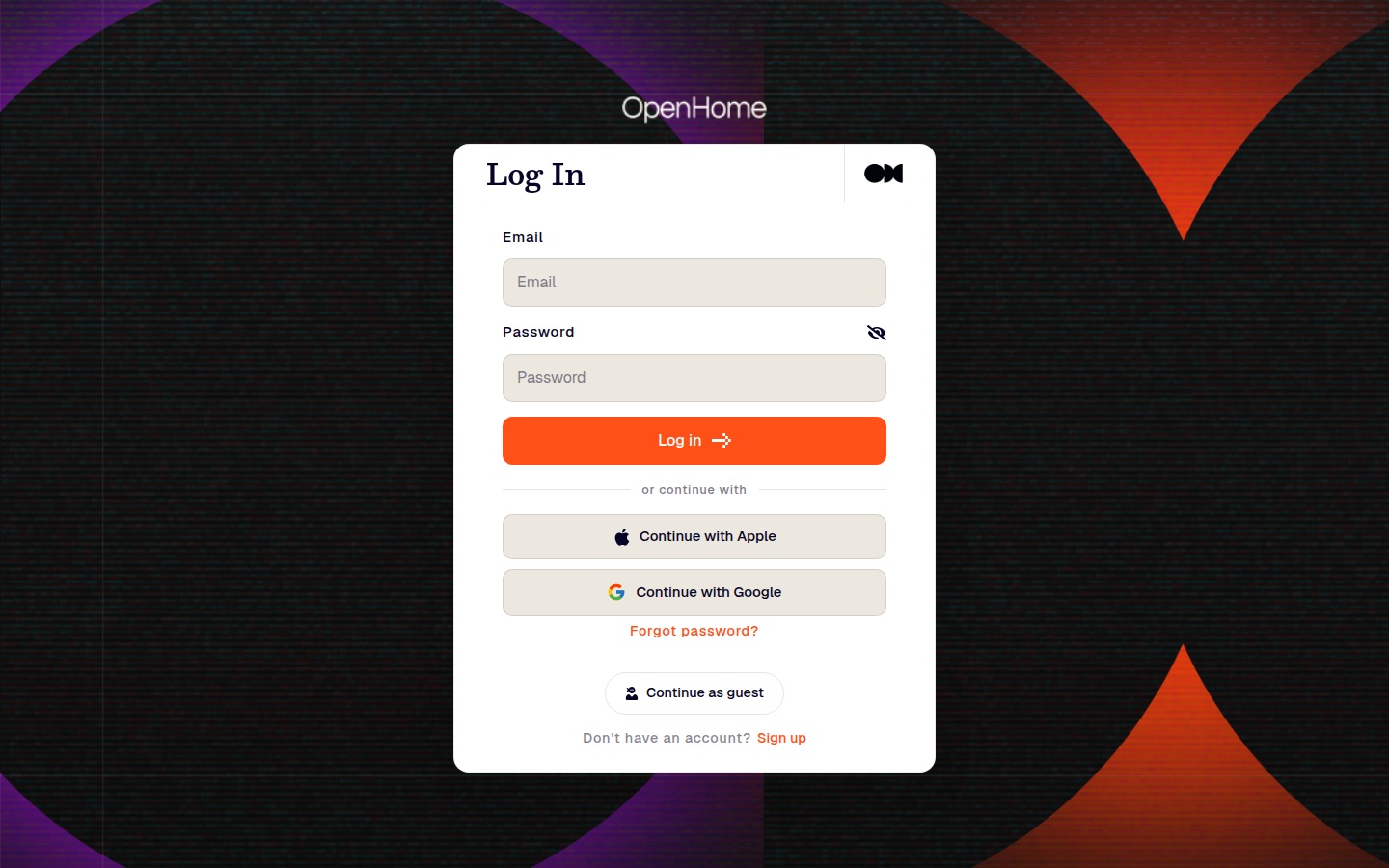 OpenHome login screen