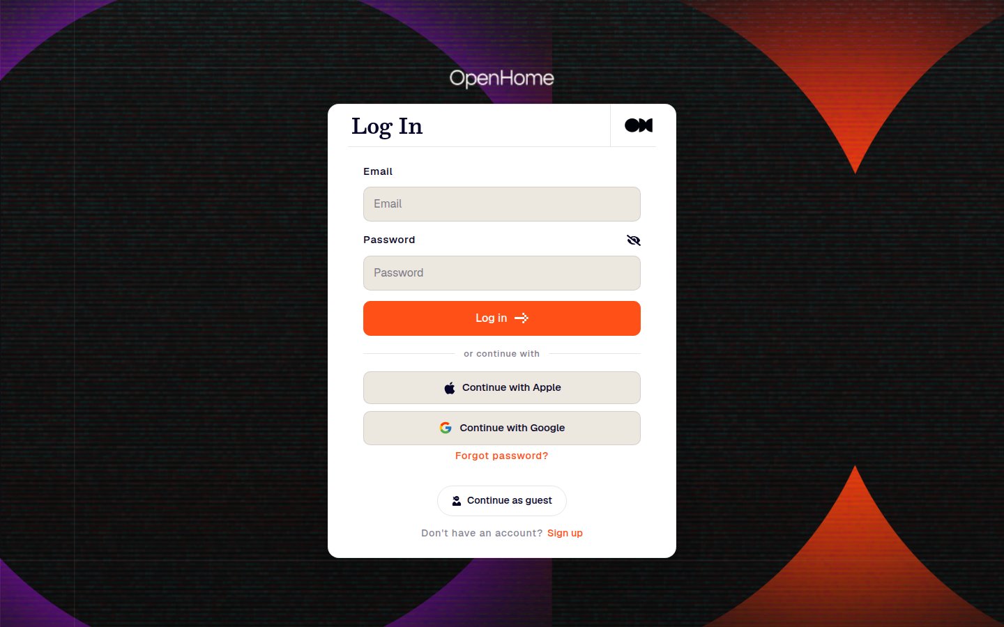 OpenHome login screen