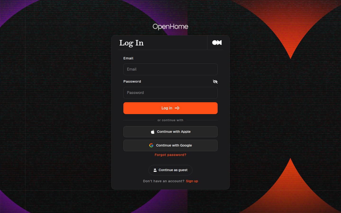 OpenHome login screen