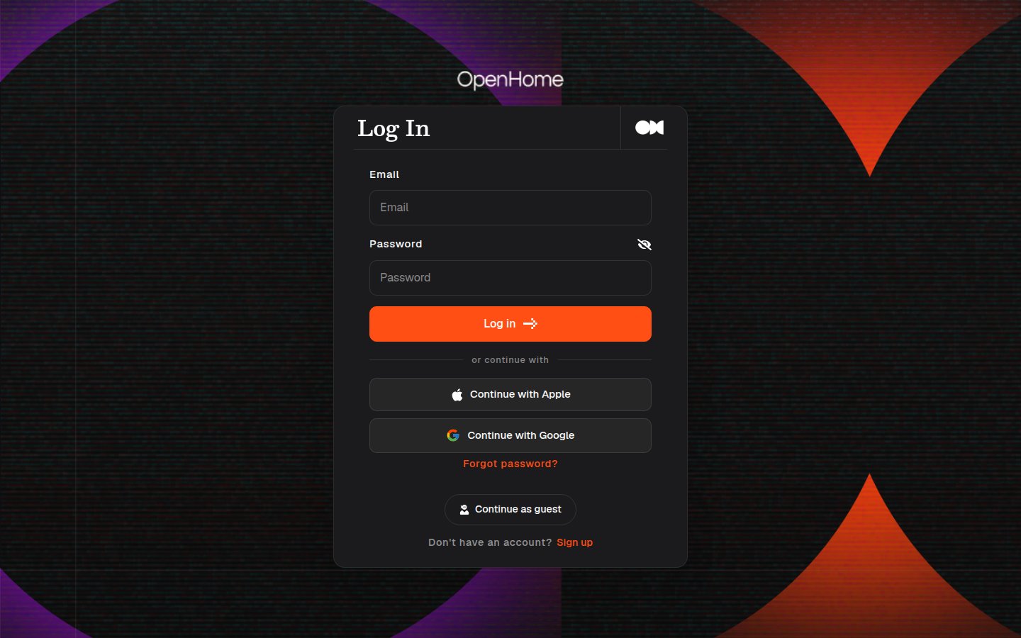 OpenHome login screen