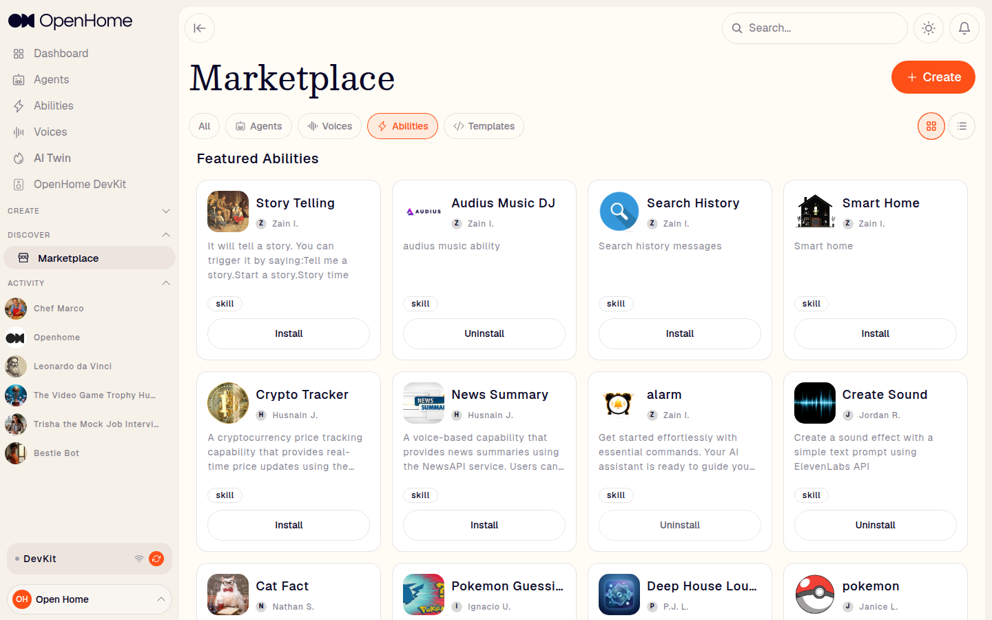 Marketplace Abilities tab with Install and Uninstall buttons on each card