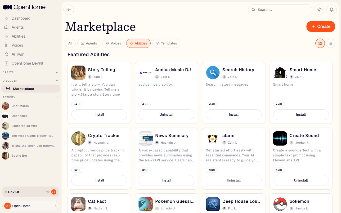 Marketplace Abilities tab with Install and Uninstall buttons on each card