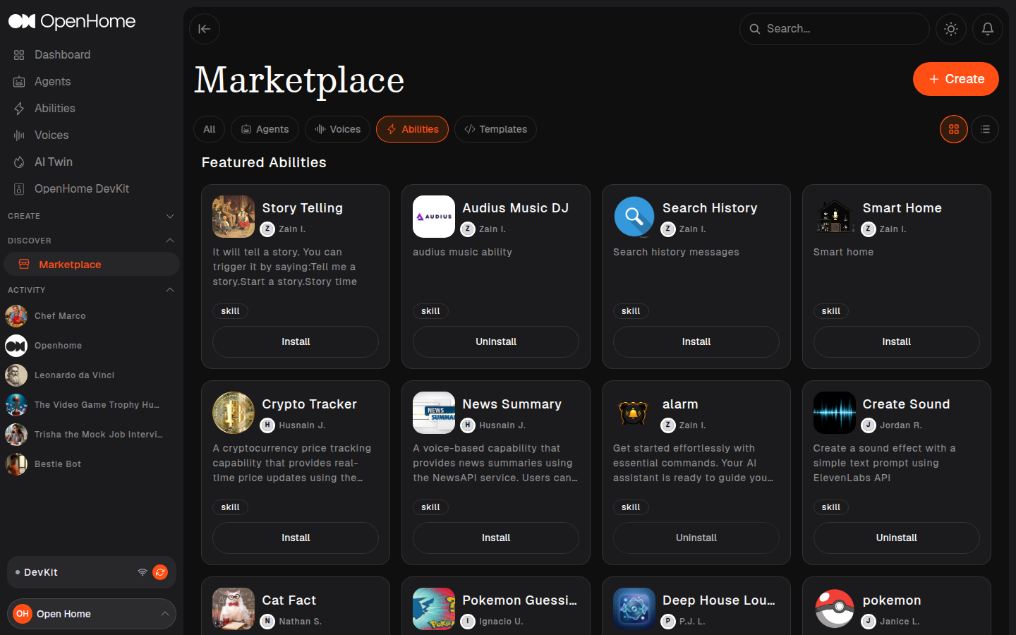Marketplace Abilities tab with Install and Uninstall buttons on each card