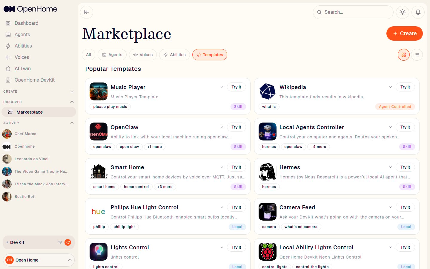 Marketplace Templates tab showing templates with trigger words, category badges, and Try it buttons