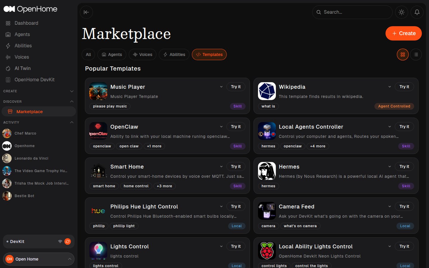 Marketplace Templates tab showing templates with trigger words, category badges, and Try it buttons