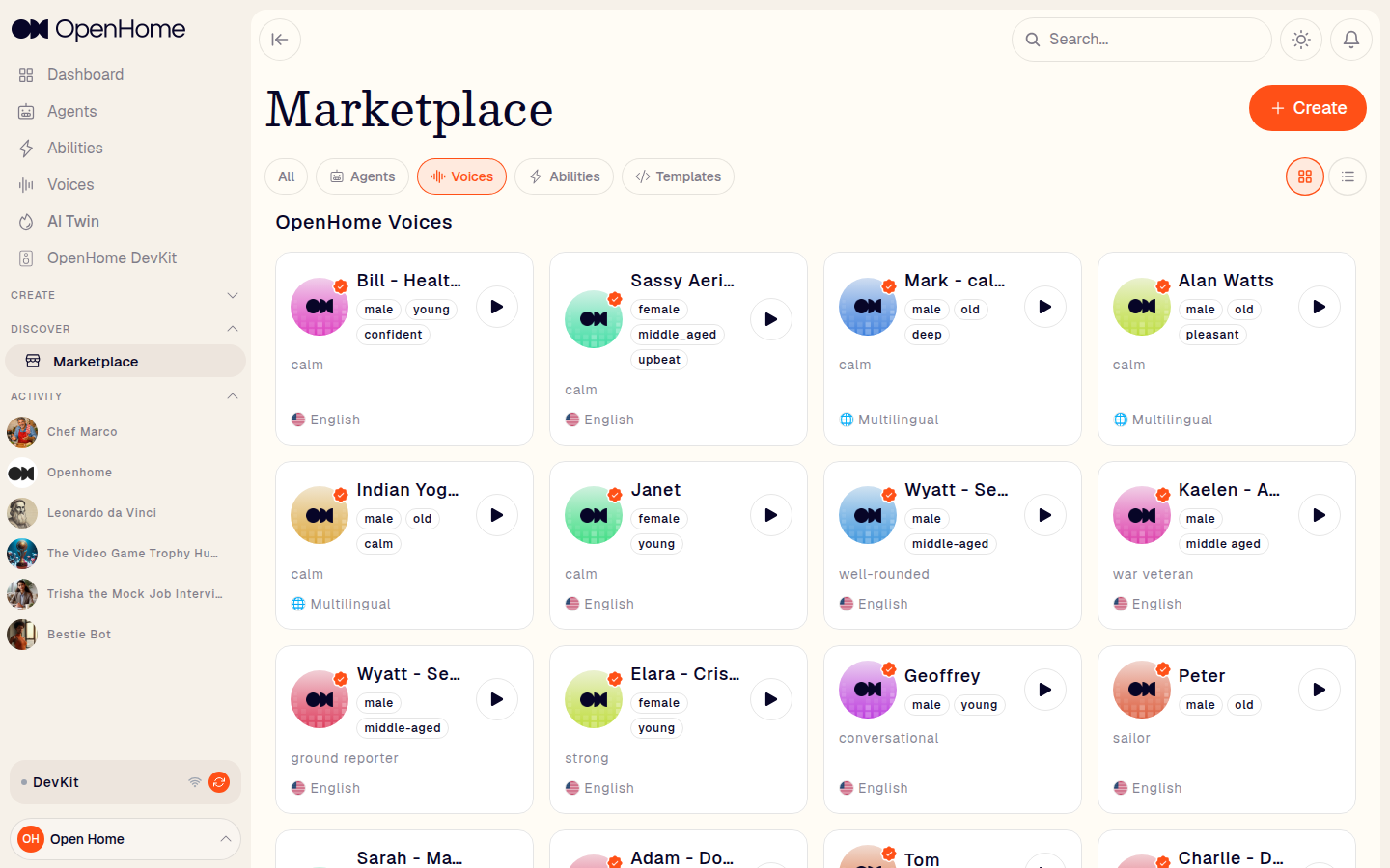 Marketplace Voices tab showing voice cards with traits, tone, language, and preview buttons