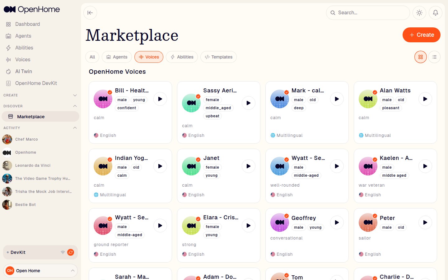 Marketplace Voices tab showing voice cards with traits, tone, language, and preview buttons