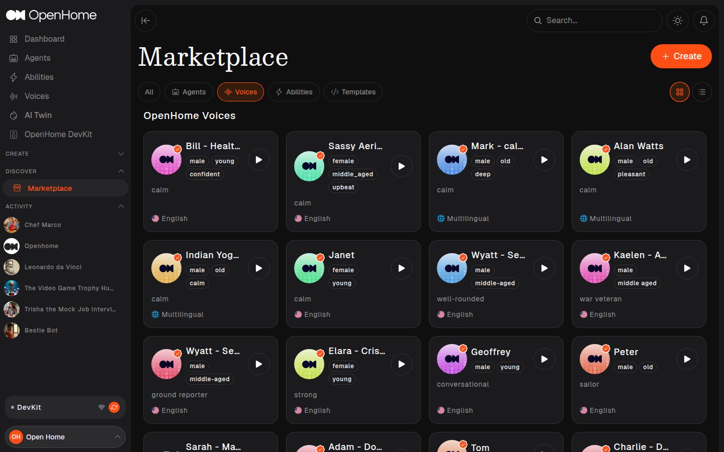 Marketplace Voices tab showing voice cards with traits, tone, language, and preview buttons