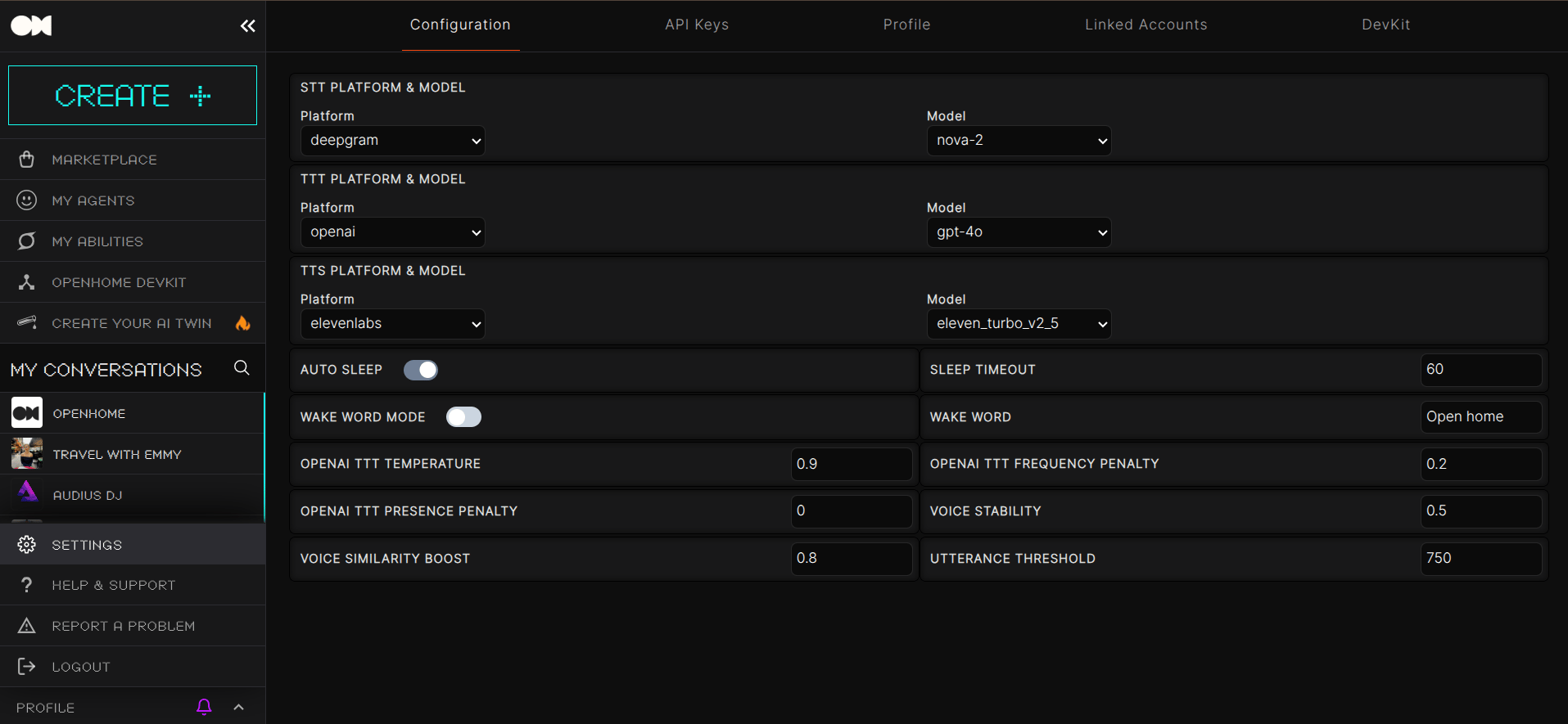 Wake word settings in the Dashboard
