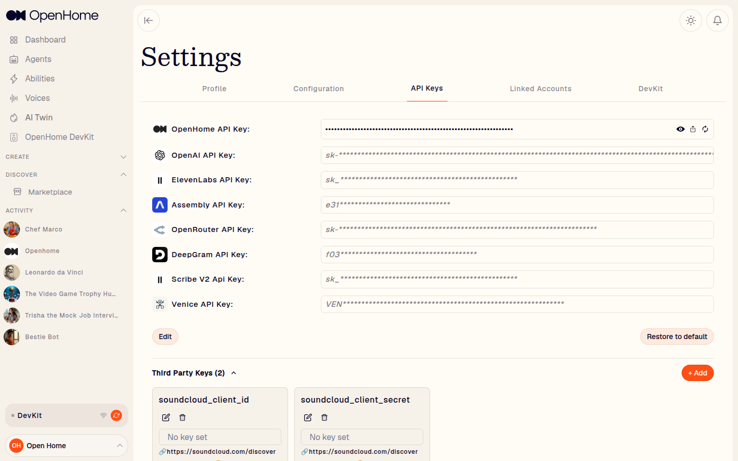 Settings: API Keys tab